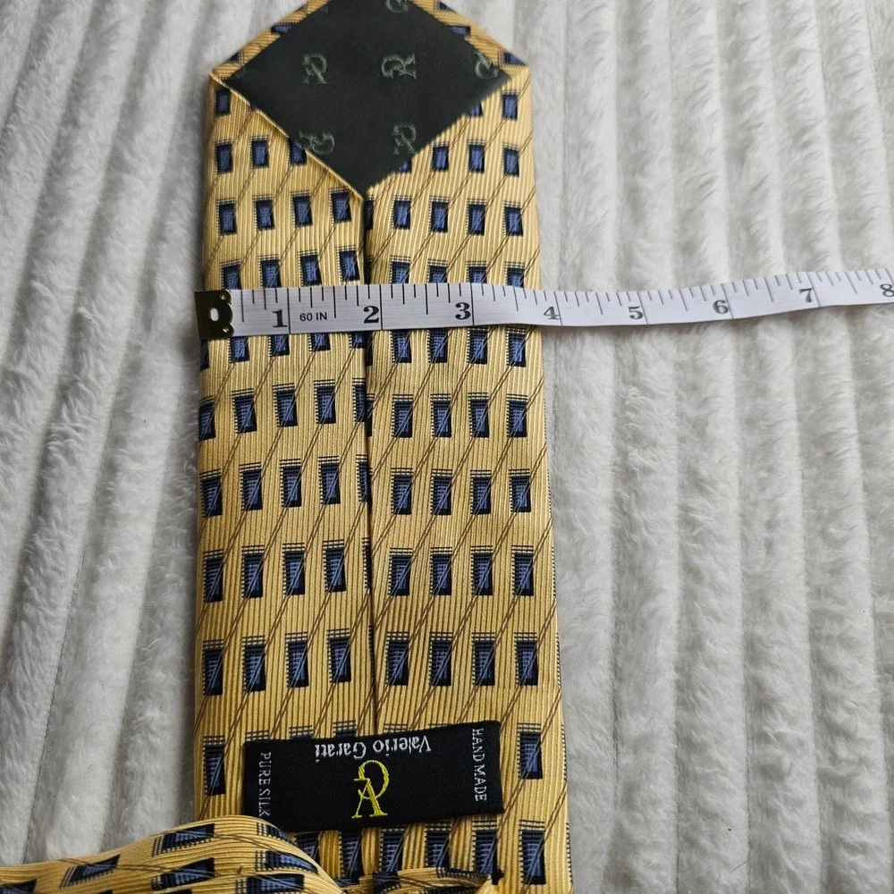 Valerio Garati Mens 100% Silk Geometric Tie Gold Blue Black 59in Handmade